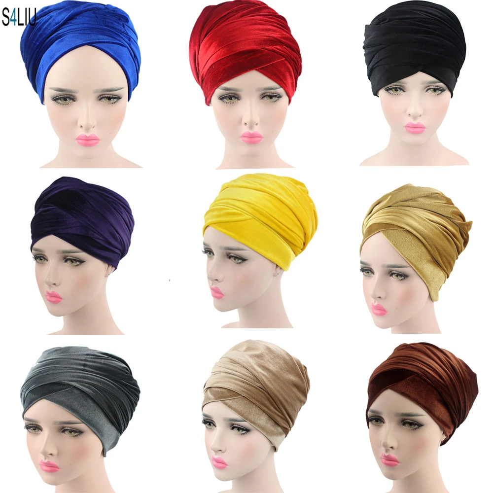 New Women Velvet Long Head Wrap Hat 