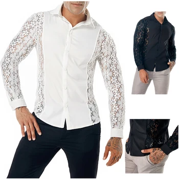

European and American Men's Autumn and Winter Arm Full-lace Pure Fashion Design Men's Long-sleeved Turn-collar Shirt