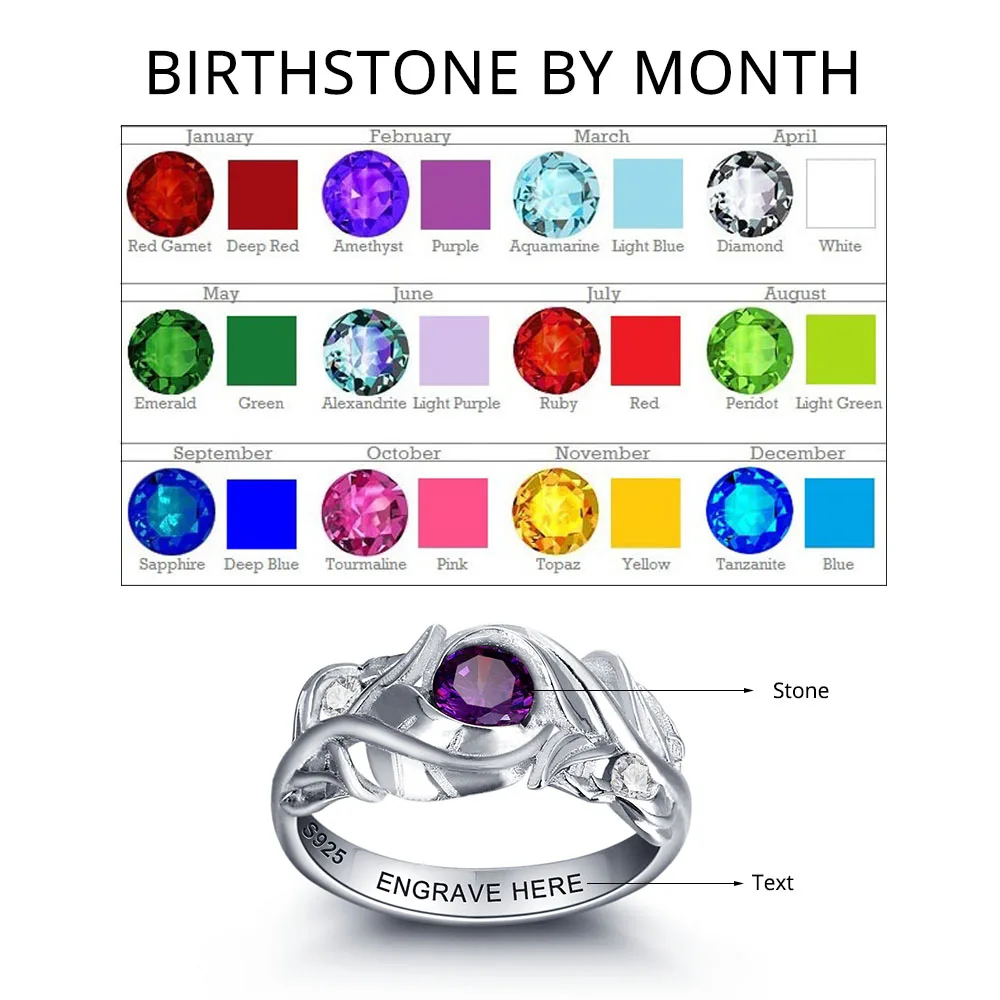 Personalized Engrave Birthstone Trendy Leaf 925 Sterling Silver Cubic Zirconia Engagement Ring Free Gift Box (JewelOra RI102014)