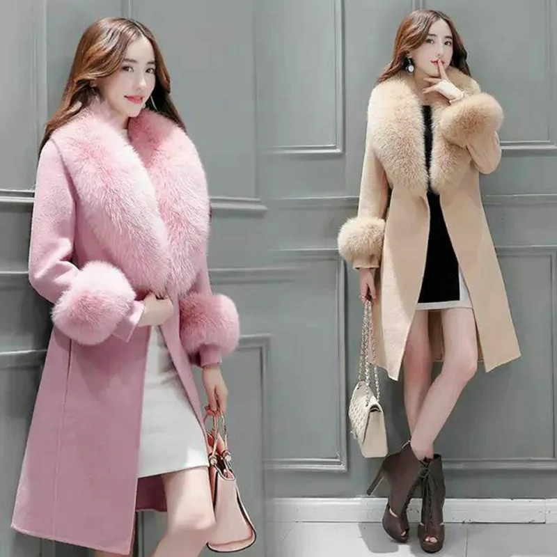 

Elegant Fashion Long Wool Coat Collar Detachable Fur Collar Wool Blend Coat and Jacket Solid Women Coats Autumn Winter