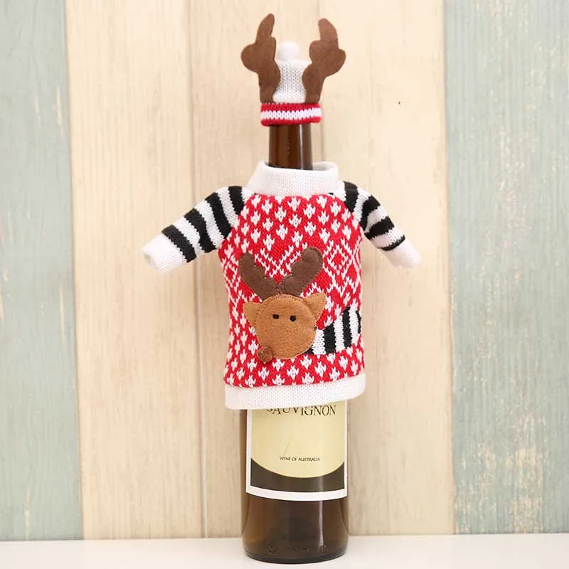 

New 1Set Cute Sweater Red Wine Bottle Cover Bags Reindeer Dinner Table Decoration Clothes With Hats New Year Christmas Supply BS