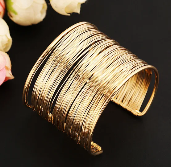 

Fashion Women's Multilayer Metal Wires Strings Open Bangle Wide Cuff Bracelet
