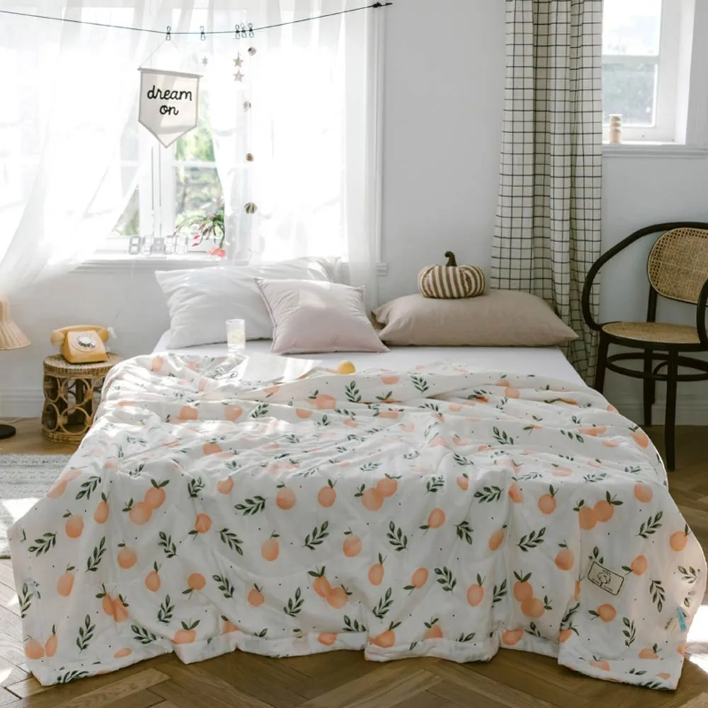 

2019 Fresh Orange Fruits Leaves INS Towel Gauze Blanket Quilting Summer Thin Quilt Pure Cotton Twin Queen Size Comforter