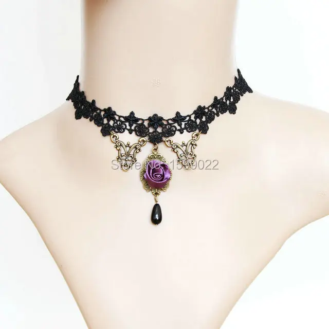 

Gothic Chic Black Flower Lace Tattoo Necklace with Purple Ribbon Rose Antique Bronze Charms Ornament Women False Collar Collares