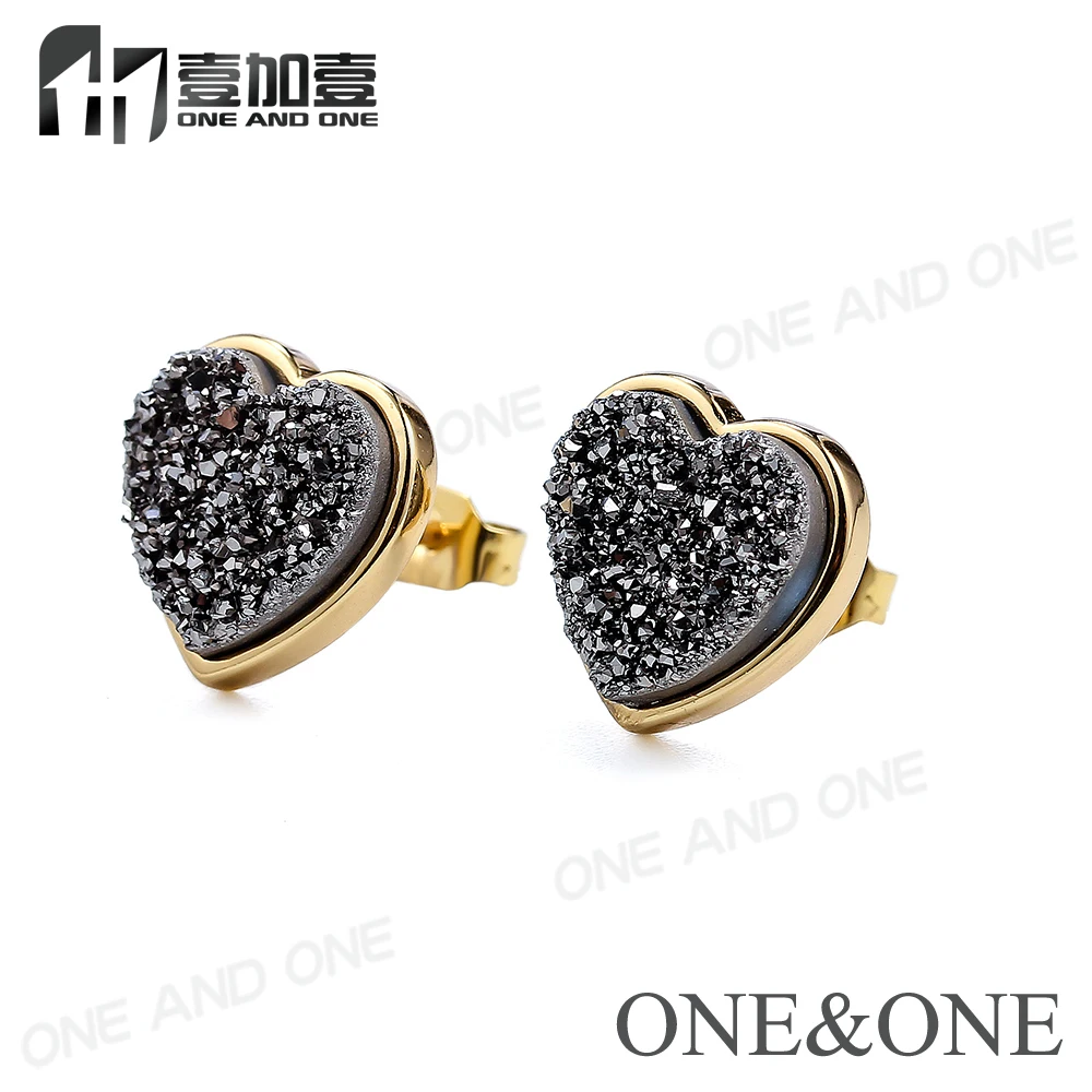 

New Design Love Heart Shape 10mm Silver+three colors-plating Druzy jewelry Raw opal Stud Earrings for Women/Gift