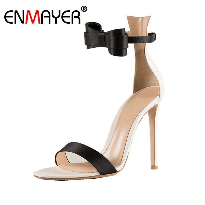 

ENMAYER Bowtie Stain Open toe High heels Sandals Big size 34-43 Summer Sexy Women shoes Buckle strap Thin heels Sweet Shoes CR55