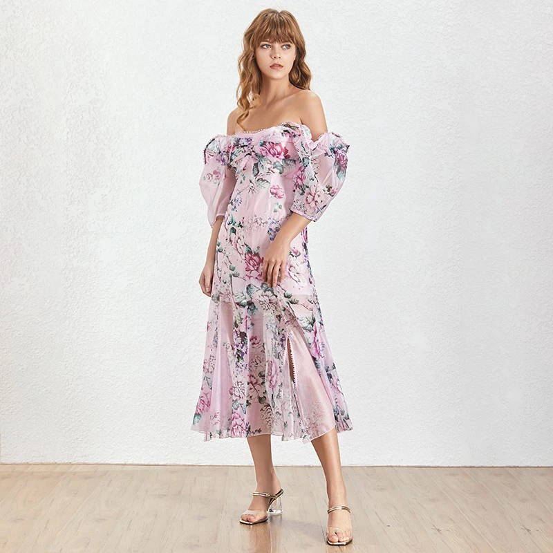 TWOTWINSTYLE-Summer-Beach-Style-Print-Women-Dress-Off-Shoulder-Puff-Sleeve-High-Waist-Slim-Split-Midi