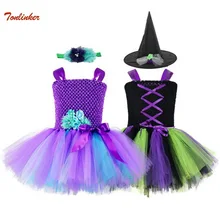 Girl Witch Costume With Headband Hat Baby Girl Birthday Party Tutu Dress Kids Halloween Cartoon Costume Outfit Girls Fancy Dress pageant unicorn tutu dress and headband kids girl flowers birthday party dresses children halloween christmas costume outfit