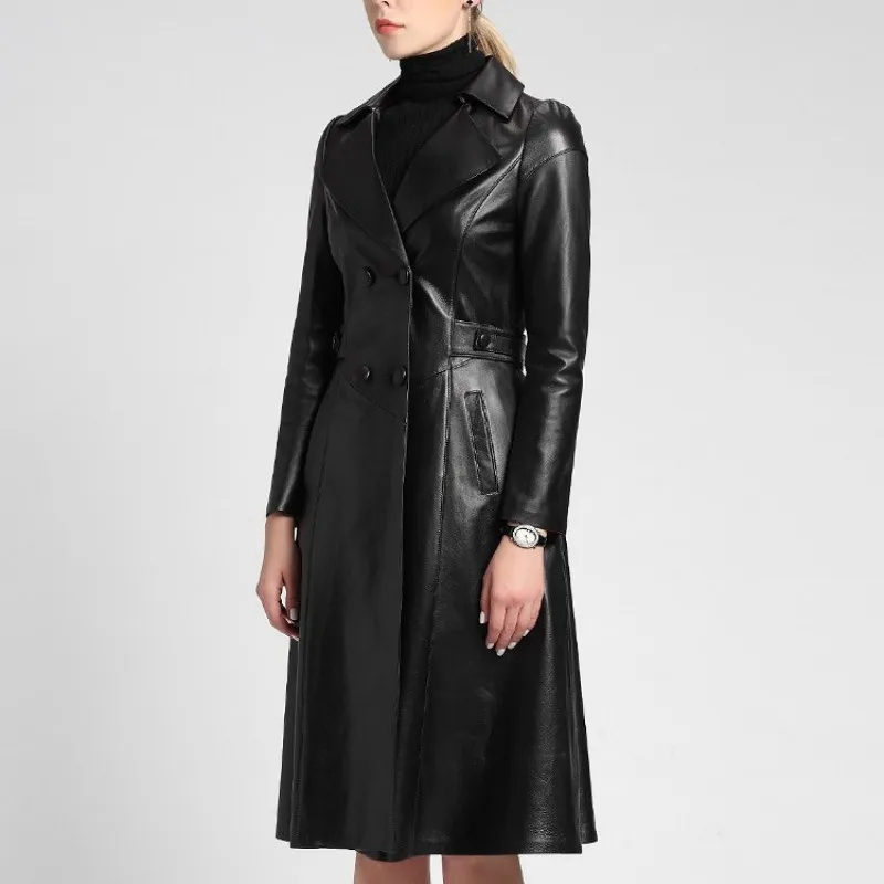 Женская куртка из натуральной кожи, элегантное тонкое длинное пальто из овчины, высокое качество, подиум, натуральная кожа, офисное Женское пальто, черный 3XL