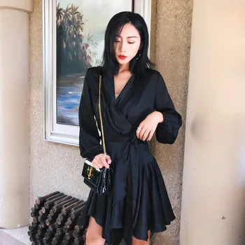 

Hot Sale 2019 Autumn Mini Dress Full Elegant Women Night Club Sashes Body con Deep V-neck Party High Quality Dresses Wholesale