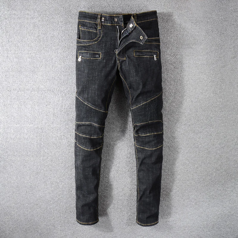 

Fashion Streetwear Men Jeans Vintage Black Spliced Designer Motor Biker Jeans Homme Multi Pockets Cargo Pants Hip Hop Jeans Men