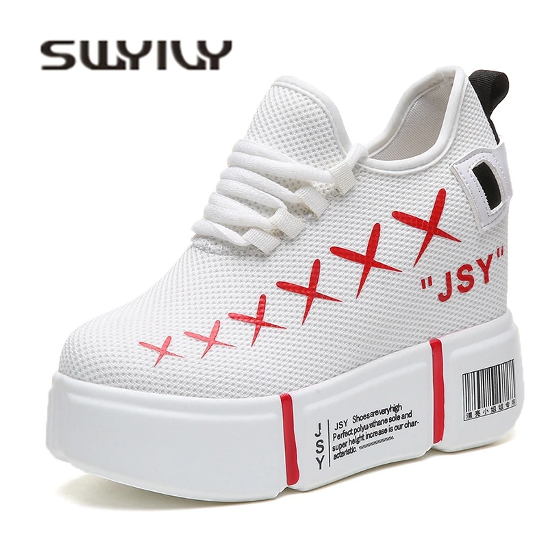 SWYIVY Casual Shoes Platform Mish Breathable Auutmn New White Shoes Sneakers Female Increased Wedge 10cm Leisure Sneakers Woman