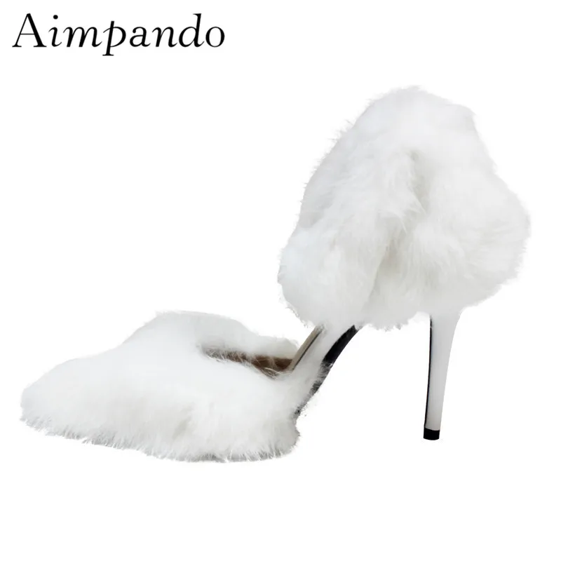 

Fashion White Fur Catwalk Sandals Women Thin High Heels Pointed Toe Hook Loop Side Cut Outs New Summer Shoes Woman