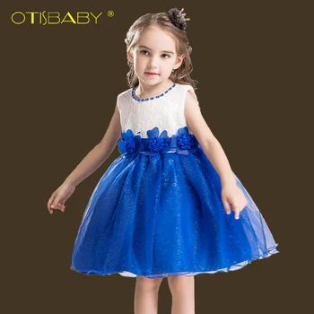 

OTISBABY Girls Sequins Formal Evening Wedding Gown 3 Flowers Lace Dresses Summer Embroidered Princess Tutu Dress Pearl Bright