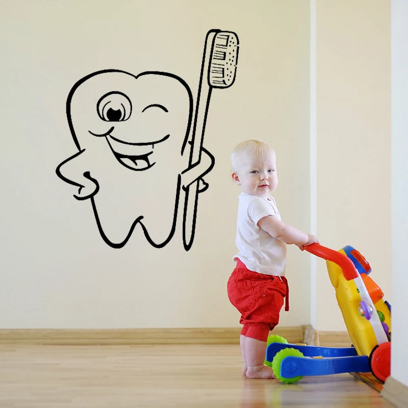 Tooth with Toothbrush Wall Decal Dental Vinyl Sticker For Nursery Kid Room Wall Art Decor Home Interior Living Room Design Z036