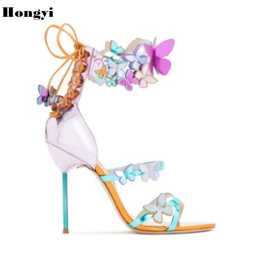 Сезон: весна–лето 3D бабочка женские босоножки в стиле панк очень высокий каблук Роскошные модные Дизайн обувь для вечеринки, свадебные туфли