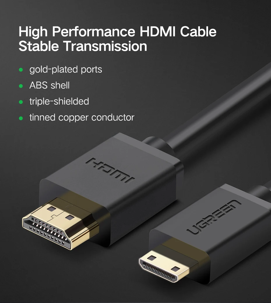 Ugreen высококачественный мини-hdmi HDMI кабель 1 м 2 м 3 м Папа-папа 2,0 в HDMI кабель 4 к 3D для планшета видеокамеры MP4 Mini HDMI кабель