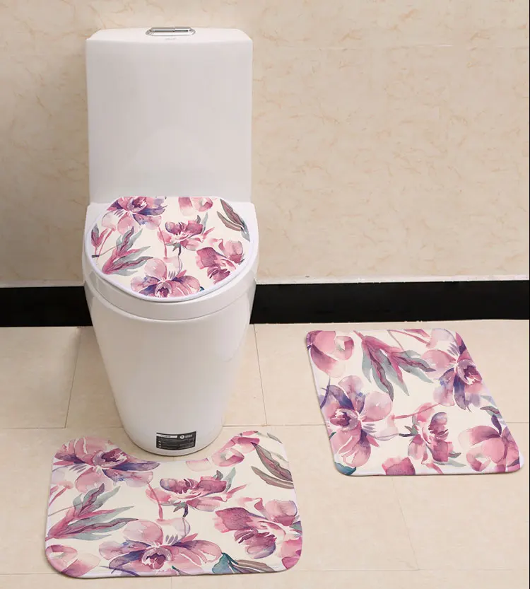 3pcs/set Flower Design Printing Toilet Seat Cover Flannel Fabric Toilet ...