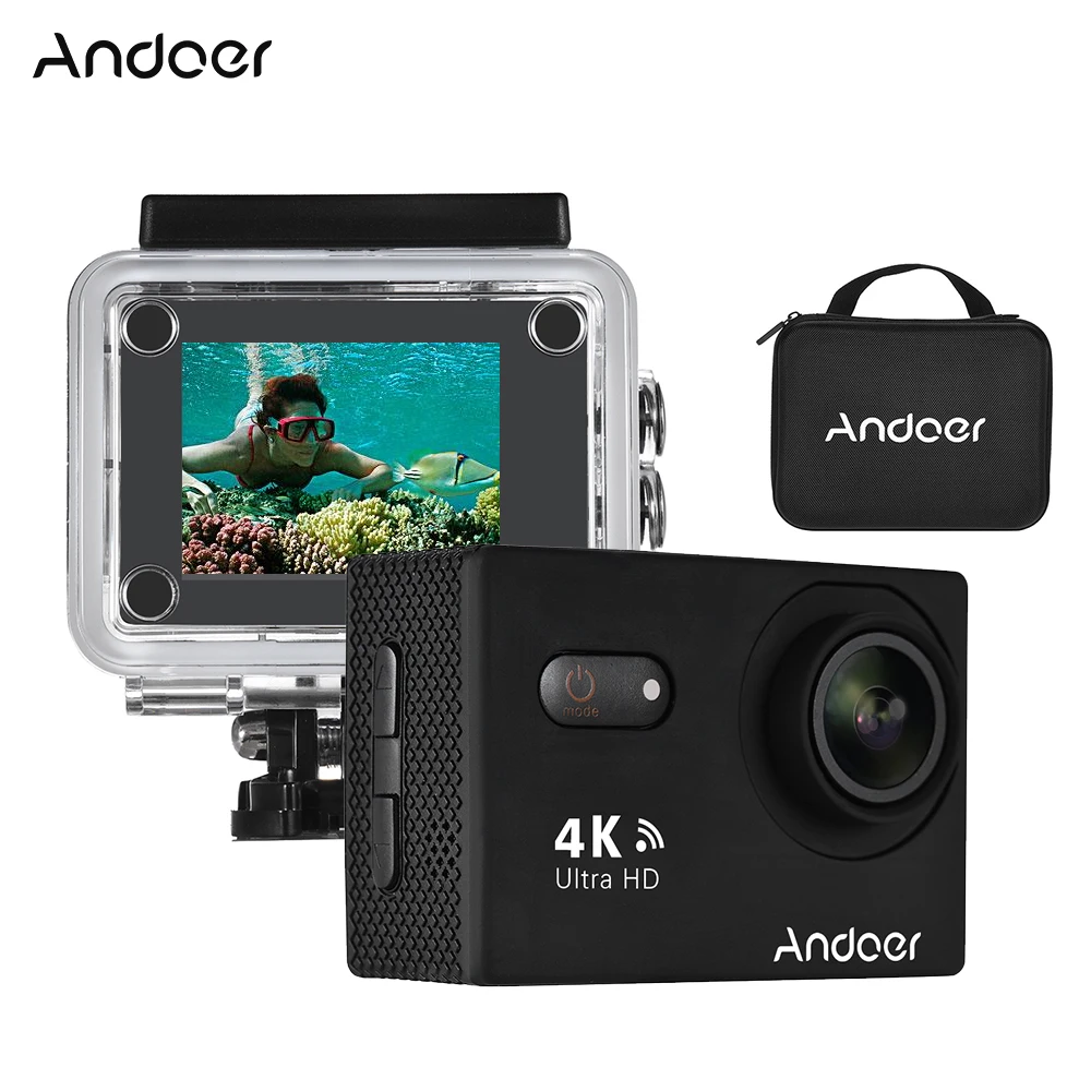 

Andoer 1080P FHD WiFi Action Sports Camera Touchscreen 170 degree Wide Angle Lens with Hard Case Support 4X Zoom Waterproof