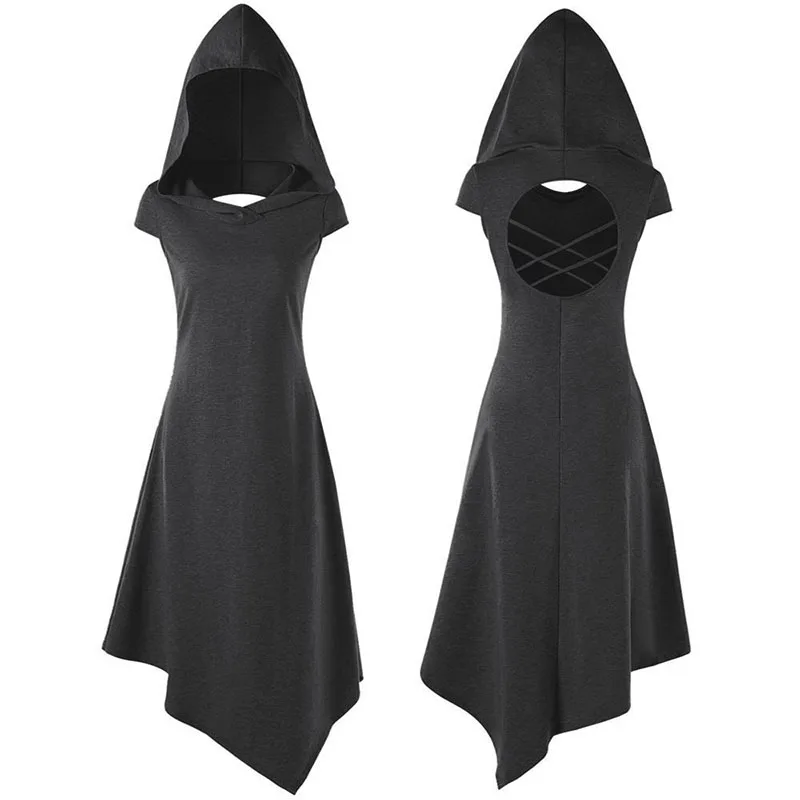 

Hooded Punk Women dress Witch cosplay Party Club Asymmetric Costume Ladies Cap sleeve Solid color Vintage