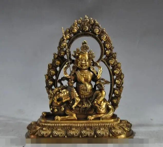 

S03616 tibet buddhism bronze gilt lotus Yellow Jambhala ride foo dog lion beast statue (B0413)