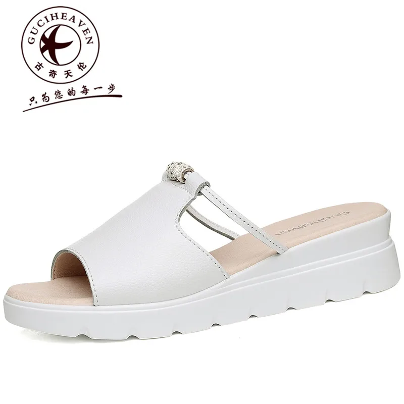 

Guciheaven 2018 New Summer Fashion Women Cow Leather Slippers Breathable/Comfortable Middle heel Women's Crystal Slippers