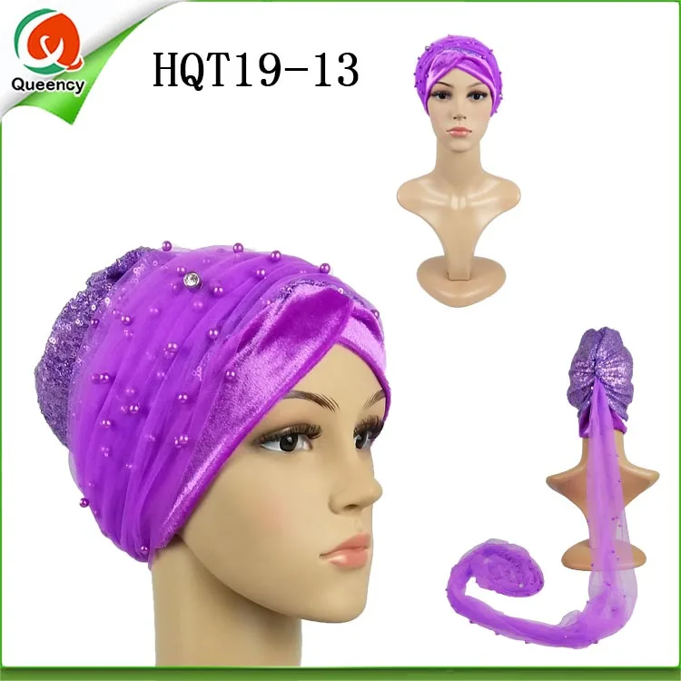 

HQT19 Multi-colored African Beaded Velvet Turban with Sequince Beads Net Lace Gele Headtie Head wrap Scarf for Women