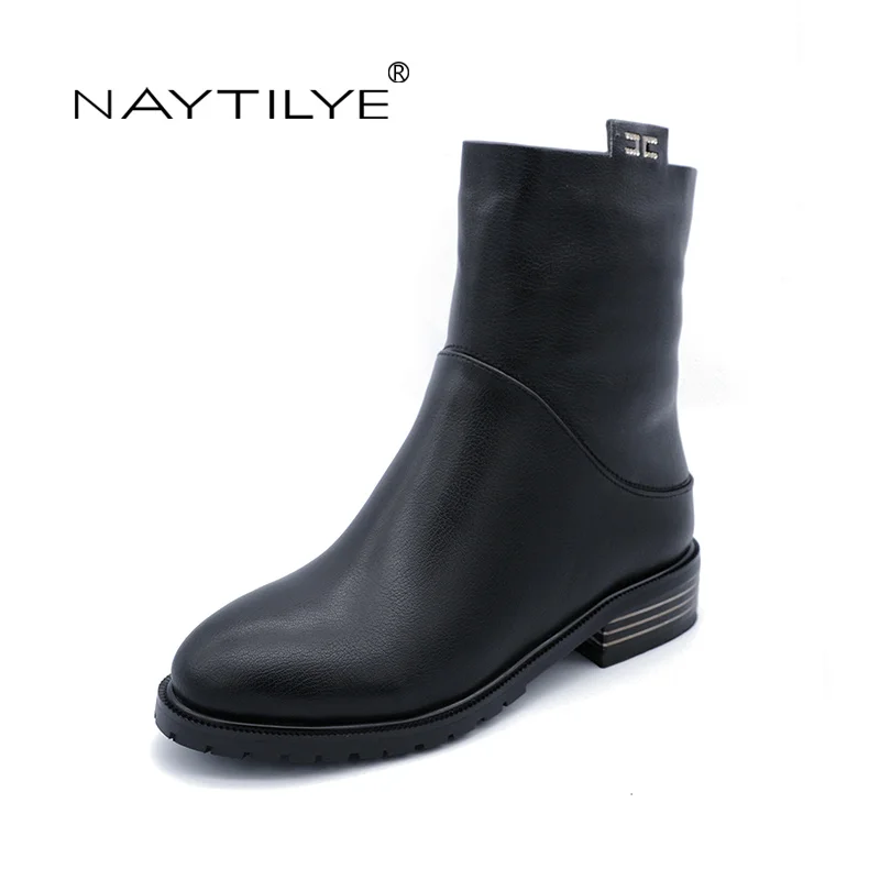 

NAYTILYT PU leather suedette shoes woman ankle warm winter boots women square heels zip round toe nature wool black size 35-41