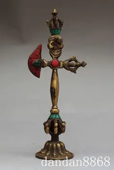 

Crafts statue old tibet buddhism bronze turquoise Coral Skull head Dorje Vajra Phurpa Dagger halloween