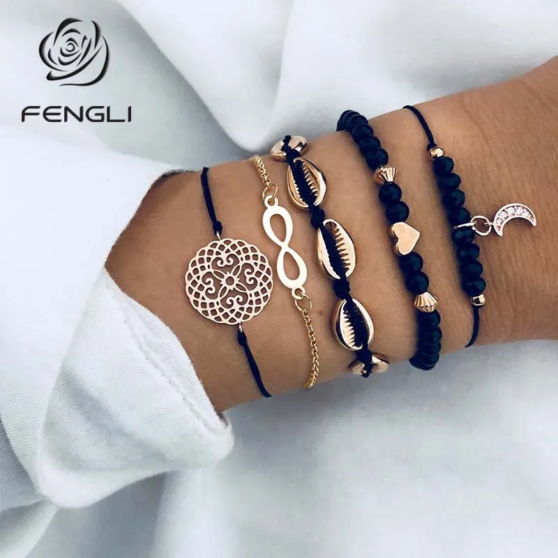 

FENGLI Hollow Carved Seashell Original Beach Summer Bracelet for Women Girl Bohemian Vintage Ethnic 8 Letter Moon Hand Jewelry