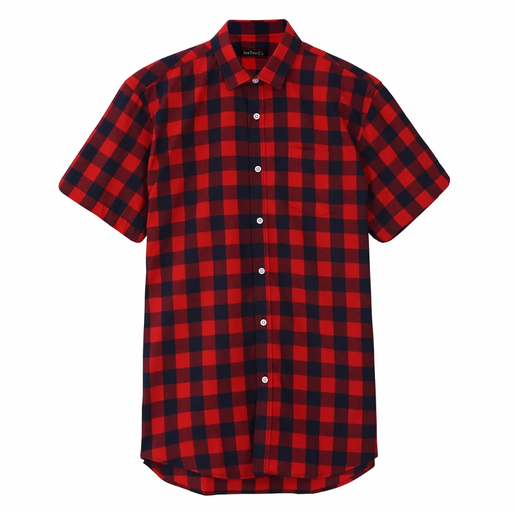 

Jeetoo Red Black Plaid Men Short Sleeve Shirt Green Casual Cotton Turn-down Collar Slim Fit Mens Blouses 2018 Summer New Fashion