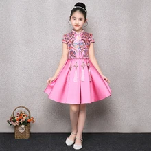 Детское платье принцессы; Вечерние платья на свадьбу; современные свадебные платья; qipao; детское винтажное платье принцессы с высоким воротником; розовое платье с цветочным принтом для девочек