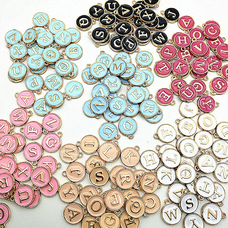 

12*15mm double side round Gold Disc Charm Pendant Alphabet A-Z Letter Tag Enamel Alloy 7 different color Jewelry accessories