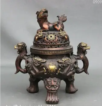 

YM 305 15" Chinese Buddhism Pure Copper Bronze Dragon Lion Statue Incense Burner Cense