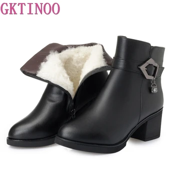 

GKTINOO 2018 New Winter Warm Wool Comfortable Snow Boots Women Ankle Boots Thick Heel Leather Shoes Woman Fashion Boots