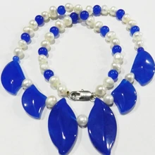 Envío Libre Blanco de La Perla en forma de Hojas de Jade Azul Jaspe Encantos de La Cadena Collar Para Las Mujeres de Alto Grado de Joyería de La Cadena 18 pulgadas MY5168