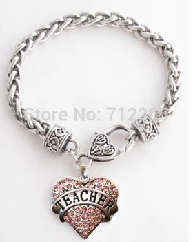 

30pcs a lot best-selling antique silver Teacher with pink Crystal Heart Lobster Claw Bracelet