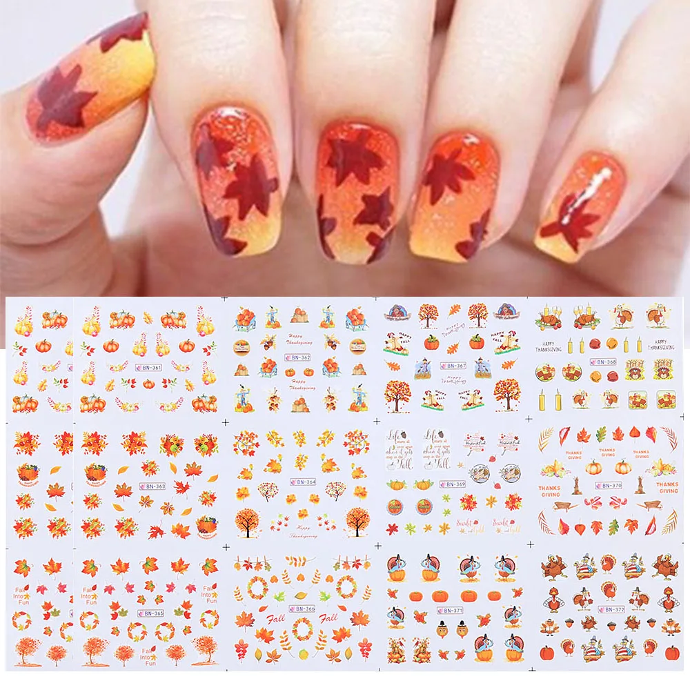12Pcs Sheet Thanks Giving Christmas Yellow Leaf Pattern for Nail Art 12Pcs Sheet Thanks Giving Christmas Yellow Leaf Pattern for Nail Art Nail Decorations Water Transfer Sticker Decals Tools in Stickers & Decals from Beauty