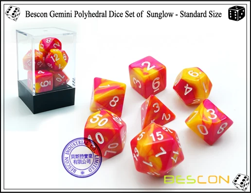 Bescon Gemini многогранные кости набор Sunglow, два тона ролевые игры в кости Набор из 7 d4 d6 d8 d10 d12 d20 d% коробка в форме лего-блока пакет