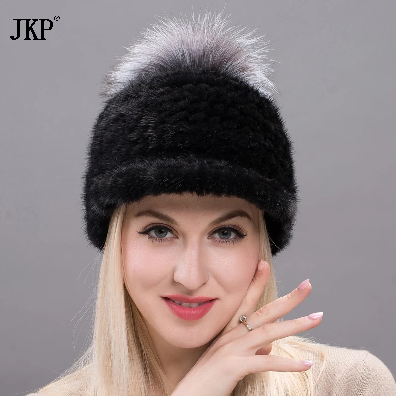 

2017Fashion Thicken Mink Fur Style Winter Hat Knitting Animals With Pompon Cute Cap Patchwork Color Natural Fresh Woman BZ17-01