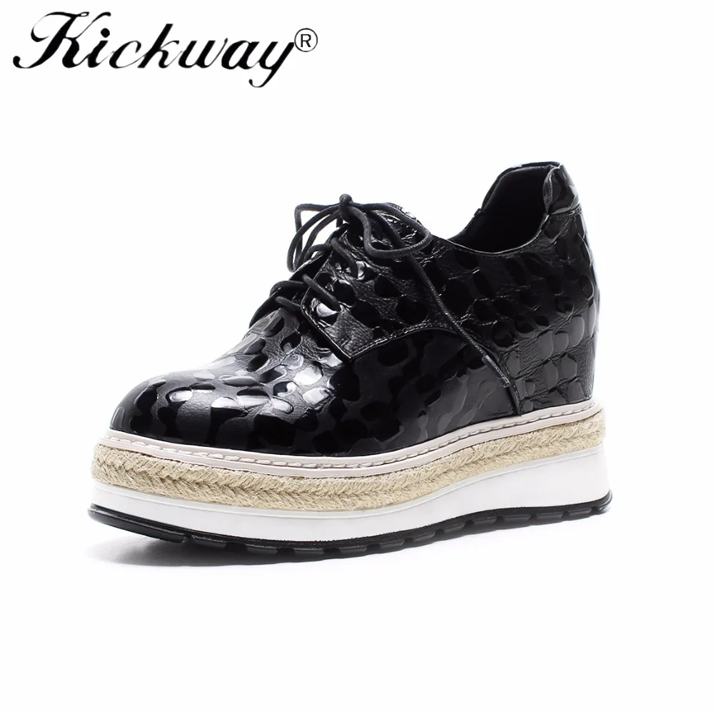 

Kickway Spring Shoes Women Height Increase Genuine Patent Leather Round Toe Fashion Shoes Ladies Light Weight PU Sole With Jute