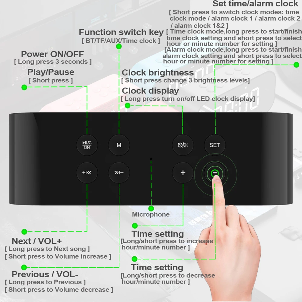 Bluetooth Speaker with FM Radio LED Mirror Alarm Clock Subwoofer Music Player Snooze Desktop Clock Portable Mirror MP3 Player