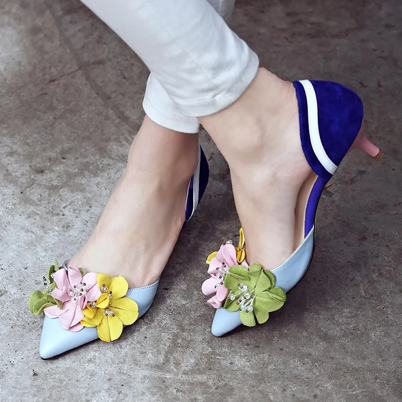 

Sexy Genuine Leather Cow Suede Woman Shoes Party Pointed Toe Flower Thin Heels Dating Shoes Women Pumps