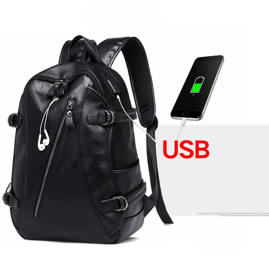 

Soft Handle PU Leather Men Backpack laptop USB Charging Male Bag Waterproof School Bag For Teenager Boys Business Bag