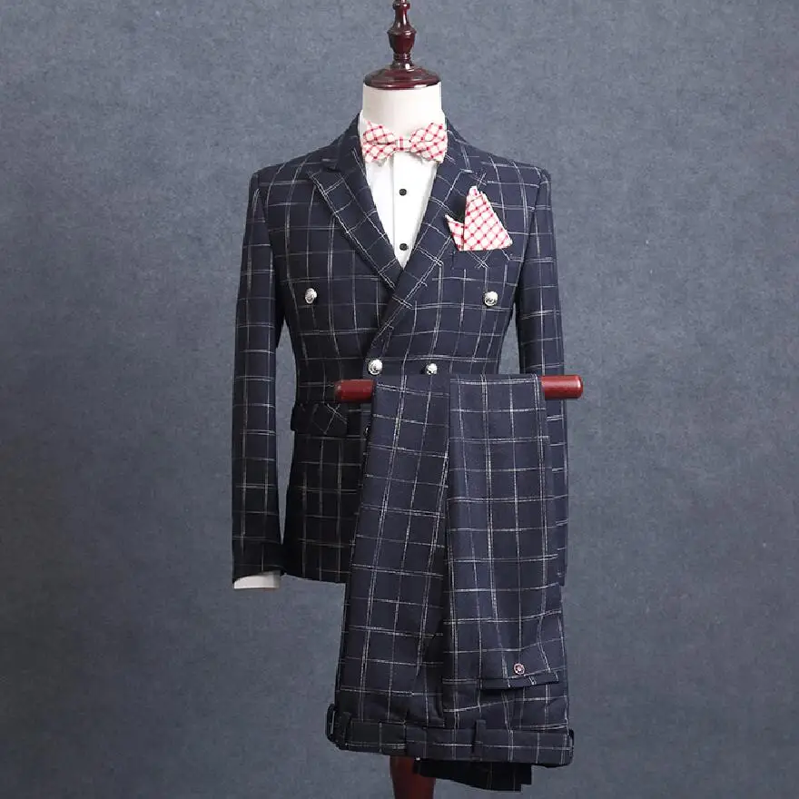 

2018 Brand Fashion Men Suits Slim Fit Blazers Plaid Navy Blue Double Breasted Prom Groom Wedding Male Tuxedo Jacket+Pants