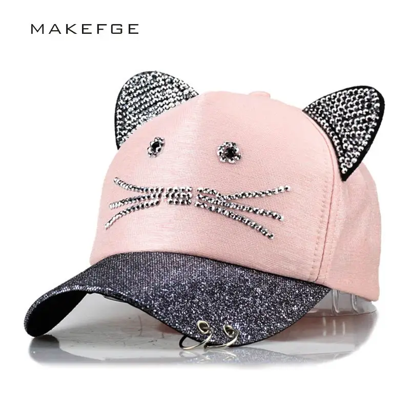 meow Women's Summer fall Pink hat Cat ears Cat Baseball cap with rings