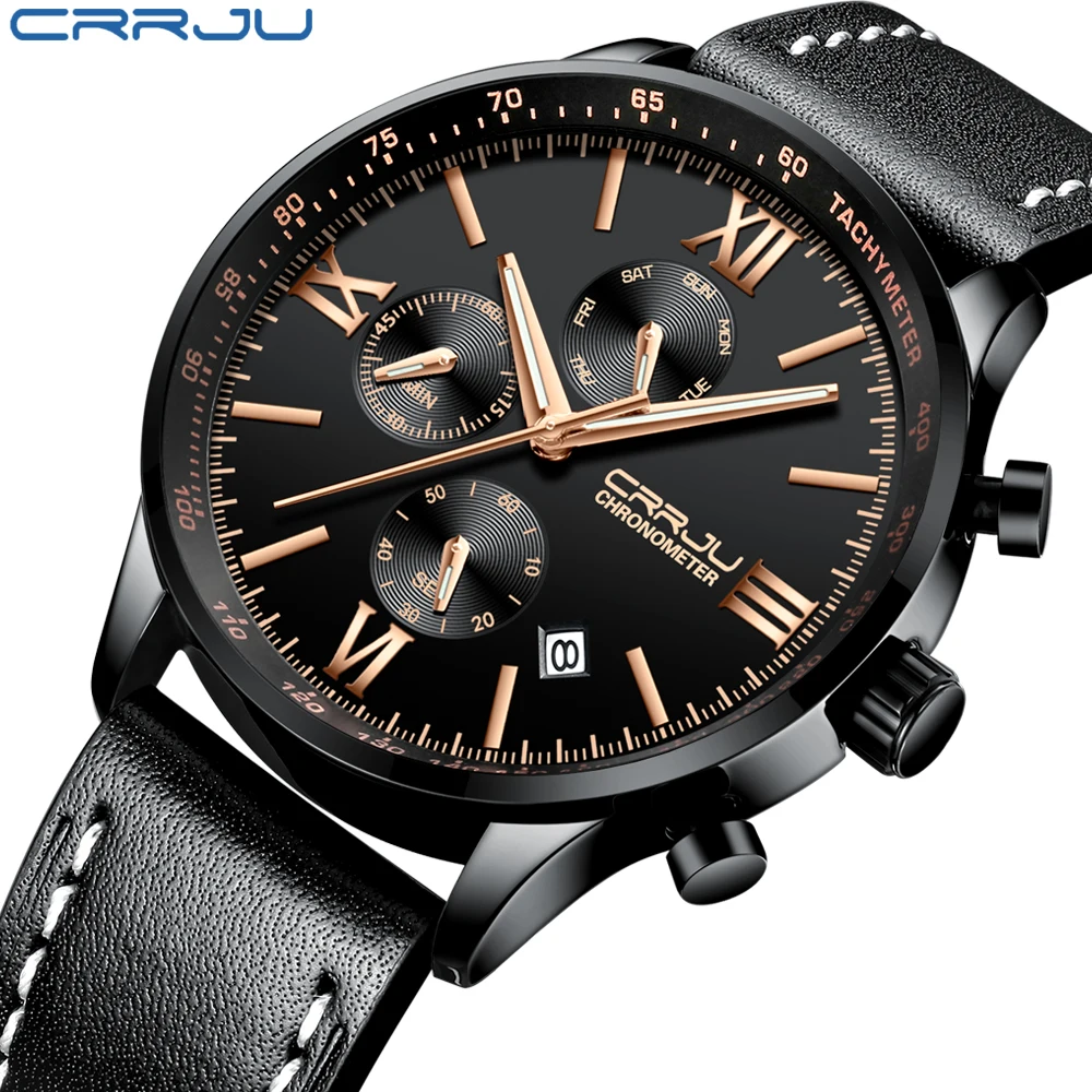

CRRJU Men's Leather Chronograph Fashion Watch Casual Sports Waterproof Clock Male Business Stainless Steel Quartz Wristwatatch