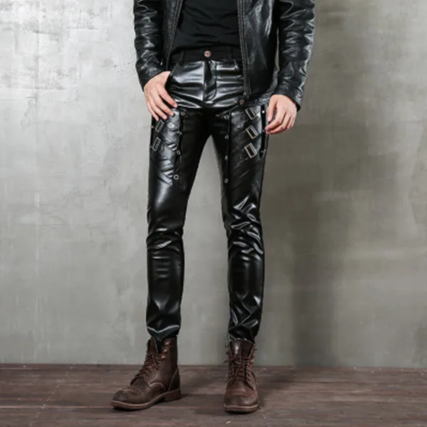 Брюки в стиле панк-рок, мужские черные кожаные с пряжками, с разрезом, с заклепками, длинные штаны, мужская одежда, брюки, мужские Вечерние брюки на Хэллоуин - Цвет: Black