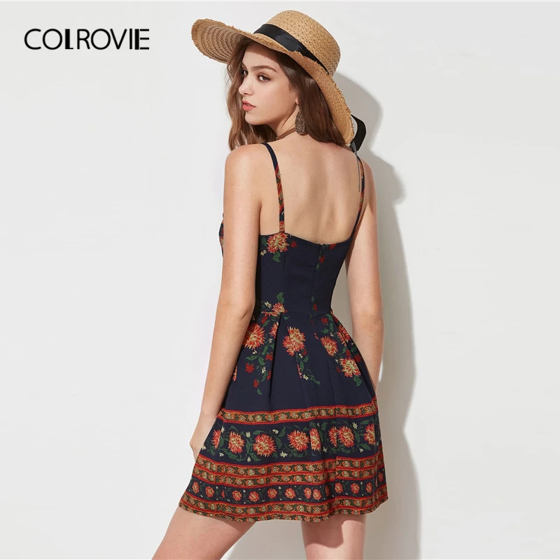 COLROVIE Floral Print Sleeveless Boho Cami Short Dress Women Summer Holiday Sundress Vacation Flared Sexy Girly Dresses