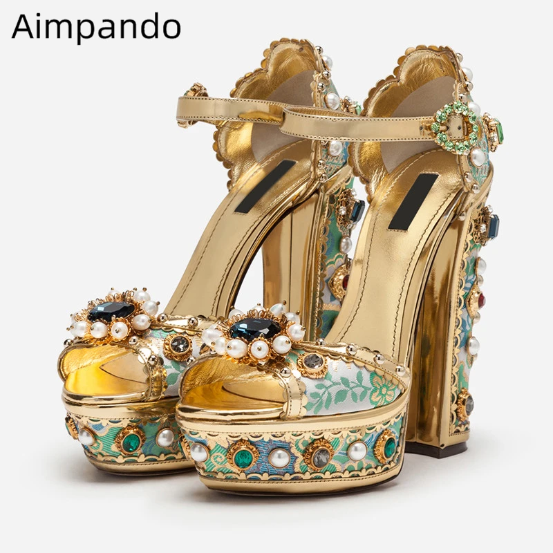 Роскошная вышивка Стразы Римские сандалии Для женщин супер-высокая платформа на не сужающемся книзу массивном каблуке с украшением в виде кристаллов с украшением в виде цветов свадебные туфли женские